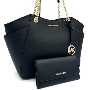Michael Kors JST Large Chain Shoulder Tote Bag & Trifold Wallet Black/Gold
